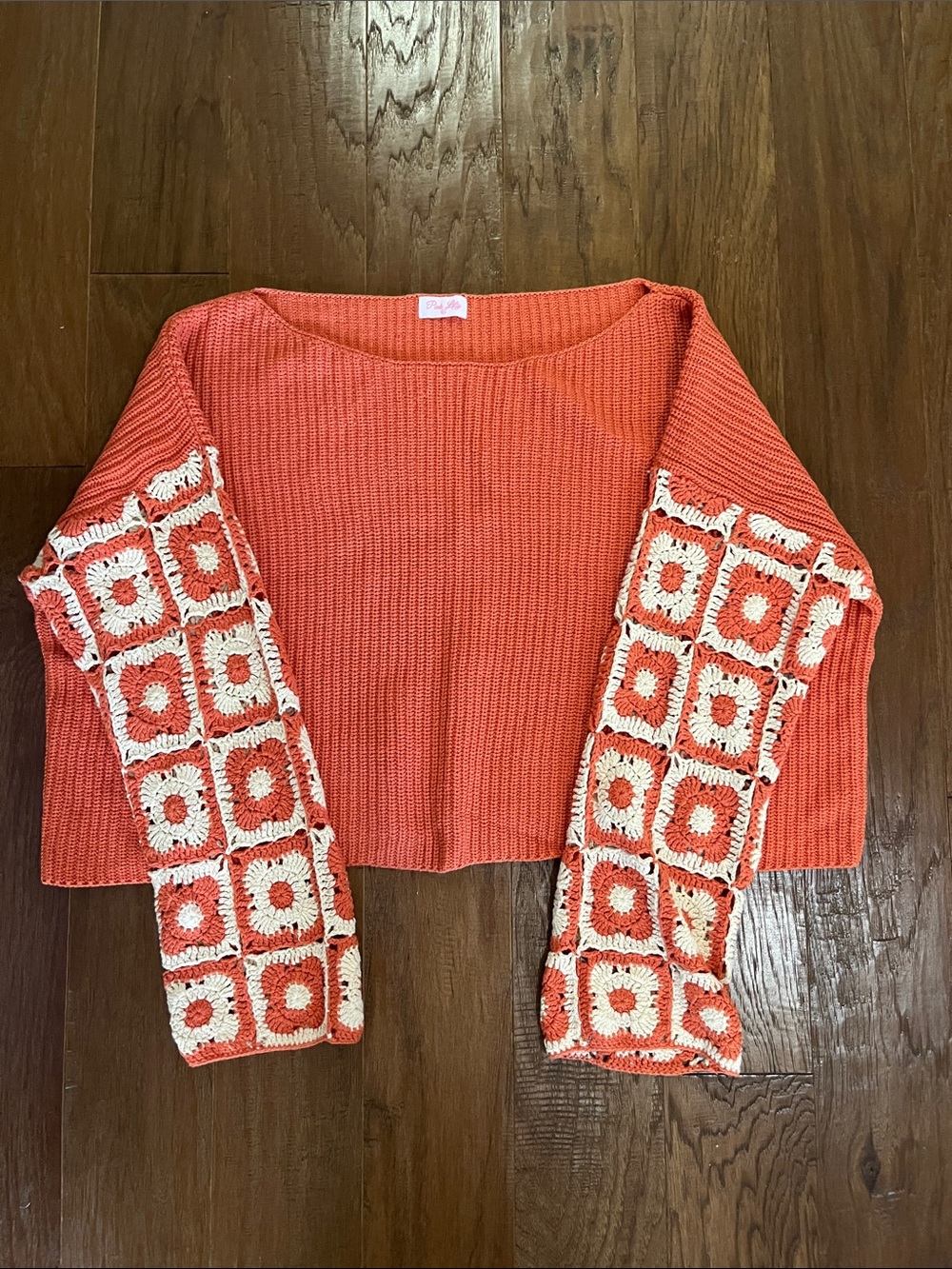 3X Pink Lily Coral Knit Top with Crochet-Patterned Cream Sleeves